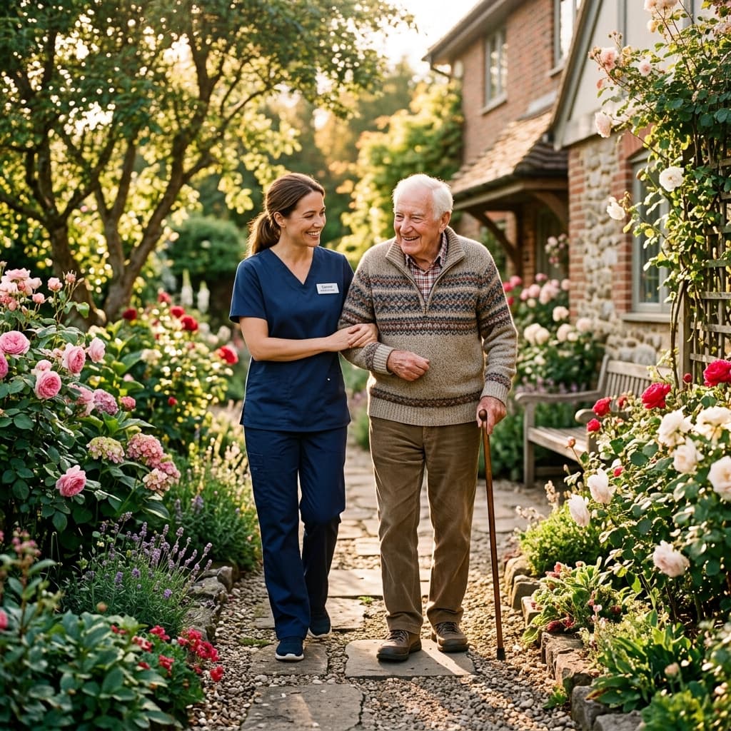 Caregiver and elderly resident walking together in a garden